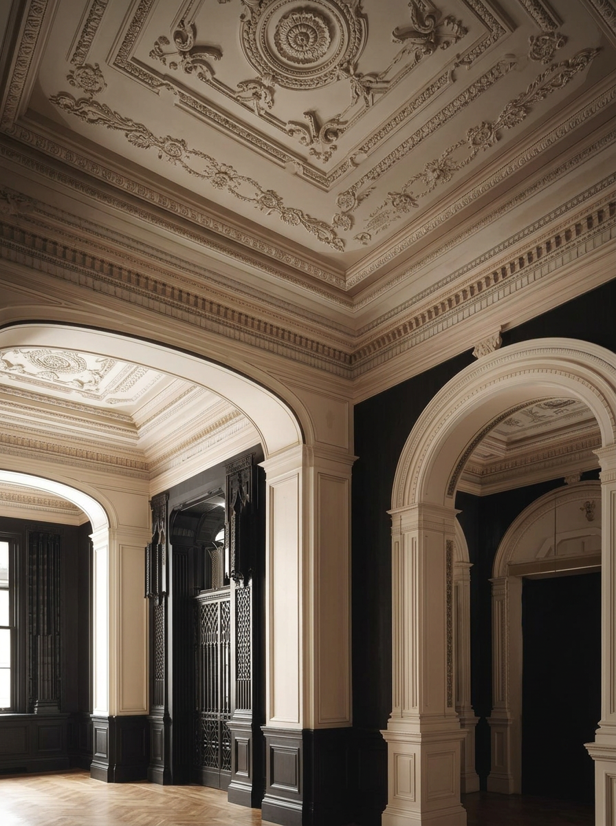 peux tu maintenant me faire l'intérieur d'une villa d'habitation avec des corniches sur des tons de beige, noir et blanc (2)
